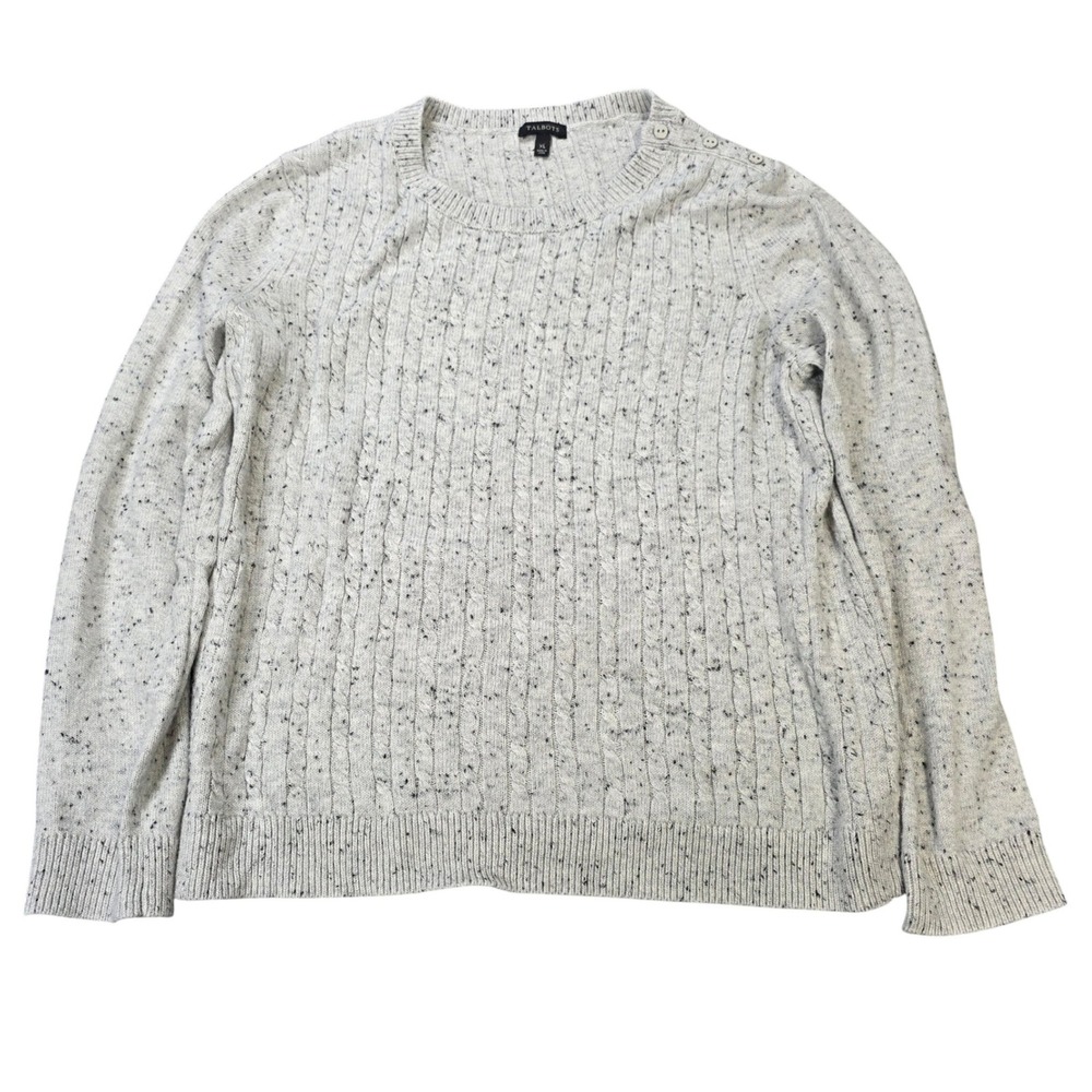 Talbots Marled Cable Knit Sweater Women's Size XL Gray Shoulder Button Crew Neck